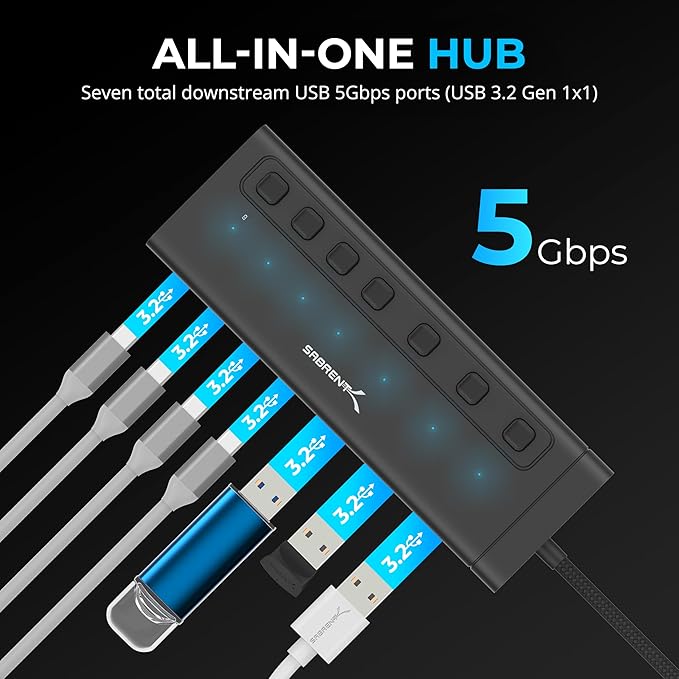 SABRENT 7-Port USB-C Hub with Power Switches, 5Gbps USB 3.2, 48W Powered Hub with 3 USB-A + 4 USB-C Ports, 20W PD, LED Status, Aluminum Body – for Mac, PC, Steam Deck, ROG Ally (HB-3A4C)