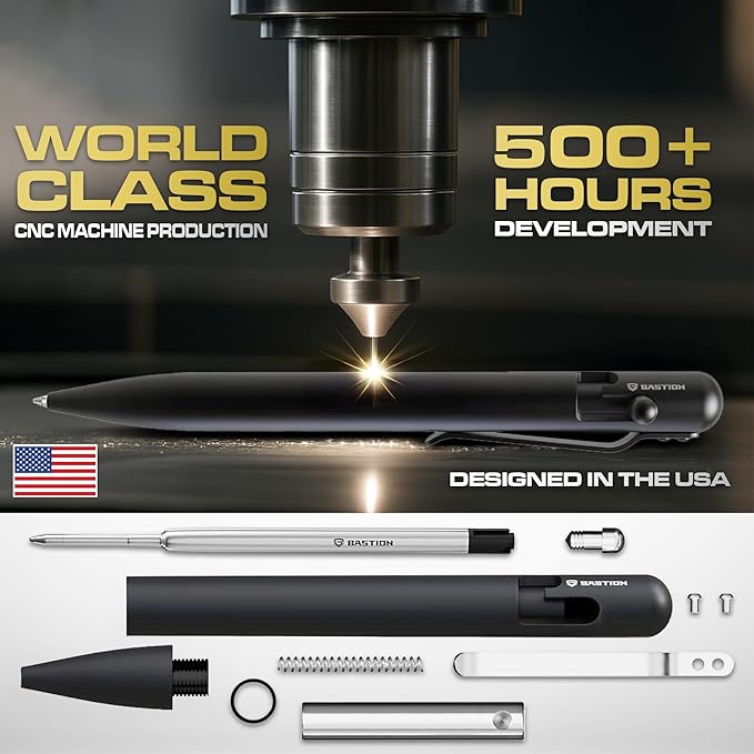 BASTION® Luxury Bolt Action Pen, Durable Professional Ballpoint Pen with Fine Tip, EDC Pen Ink Refillable Pen - Black Stainless Steel