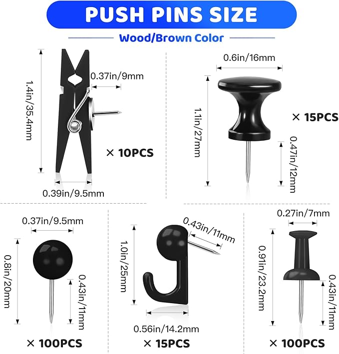 240Pcs Black Push Pins,5 Style Thumb Tacks, Black Plastic Push Pins for Bulletin Boards, Cork Board,Wall,Cork Board Accessories, Office Home Supplies