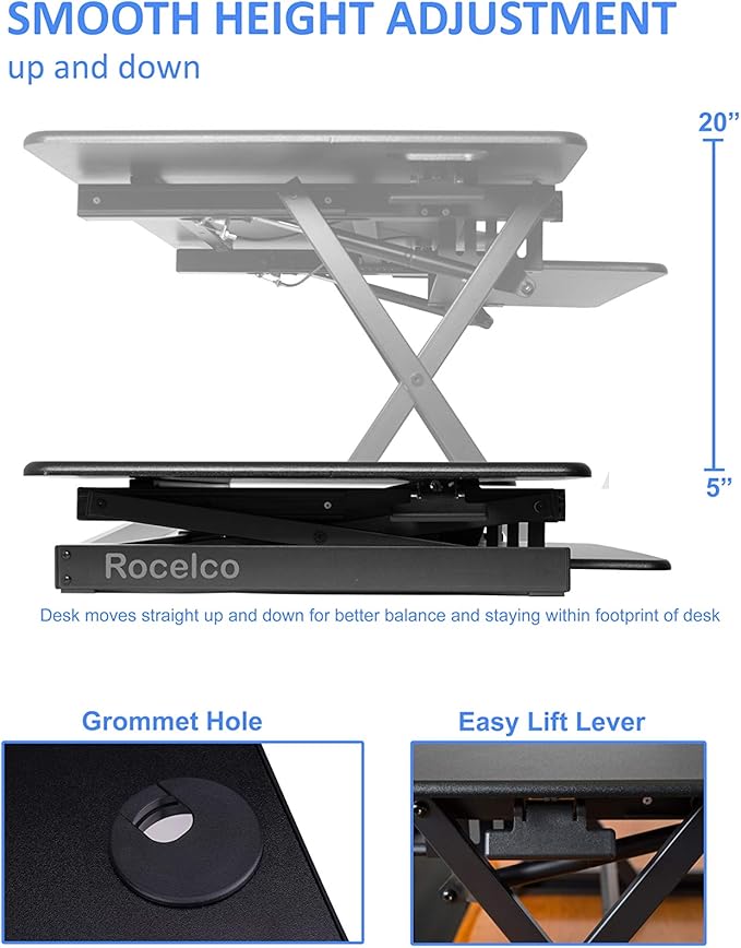 Rocelco 46" Large Height Adjustable Standing Desk Converter with Double Monitor Mount Arm BUNDLE - Quick Sit Stand Up Computer Workstation Riser - Retractable Keyboard Tray - Black (R DADRB-46-DM2)