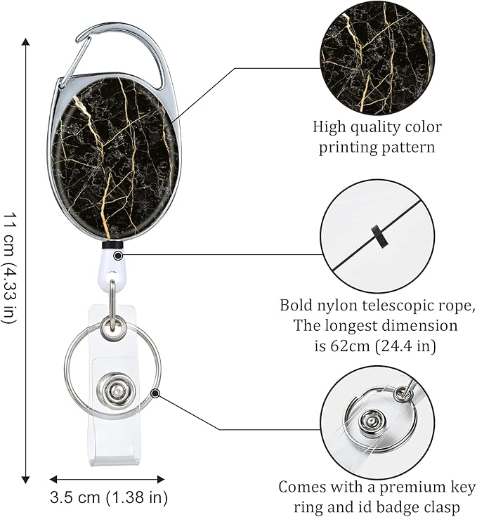 Badge Reels Retractable，Double Sided Color Print Pattern Retractable Badge Holders，with Retractable Keychain, Badge Clip and Key Ring，Durable Nylon Retractable Rope，Black Marble