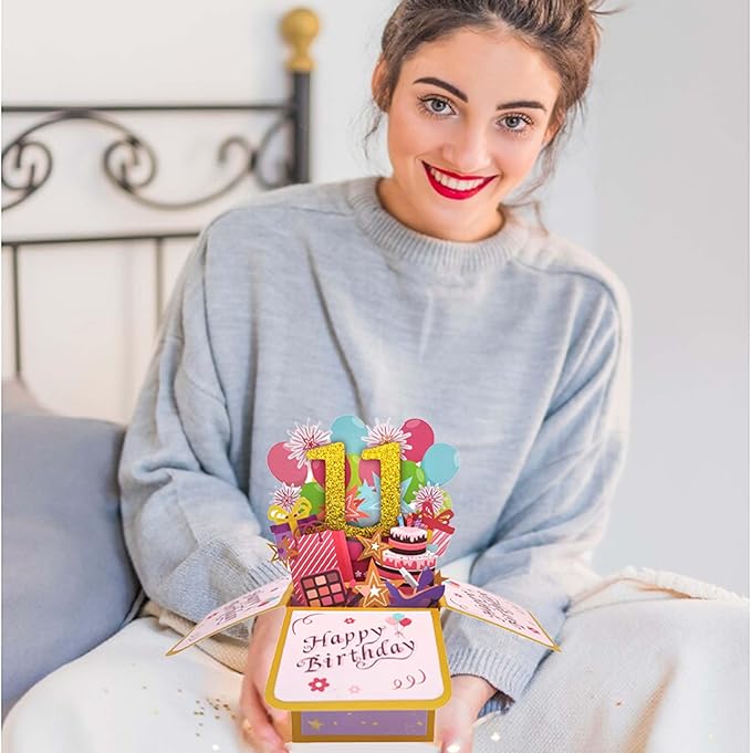 Asmallgf Happy 11th Birthday Popup Card for Daughter Son, Sweet Birthday Gift for 11 Years Old Girl Boy, Awesome Eleven Birthday 3D Greeting Card for Him Her, Best 11th Birthday Gift Idea for Niece Nephew