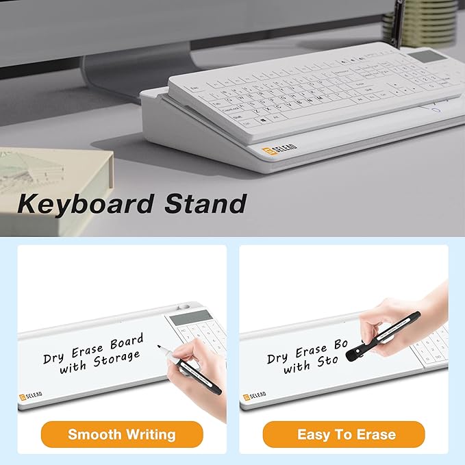 SELEAD Desktop Glass Whiteboard with Calculator, Organizer, Markers, Eraser, Holder - Small Dry Erase White Board Computer Pad Keyboard Stand for Home, School, Office Desk Cubicle Accessories
