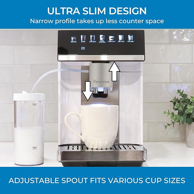 Koolatron Kenmore Espresso Machine – All-In-One Fully Automatic Coffee Maker With Auto Tamper, Descaler, Milk Steamer & Frother, Bean Grinder, Professional Barista Style Cappuccino, Cafe Latte, White