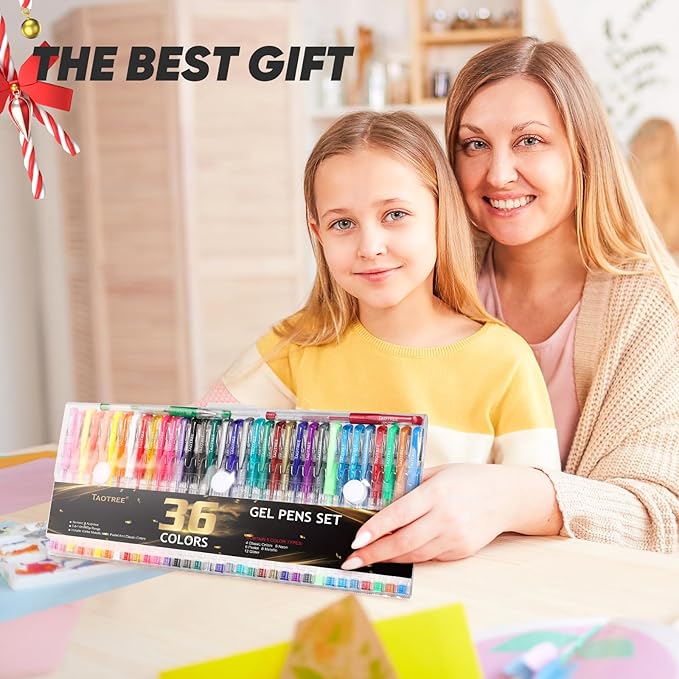 Taotree Gel Pens for Adult Coloring Books, 36-Color Neon Glitter Pens Coloring Drawing Art Supplies, 40% More Ink Glitter Gel Markers Set Colored Sparkle Doodling Journaling Gifts for Kids Teens