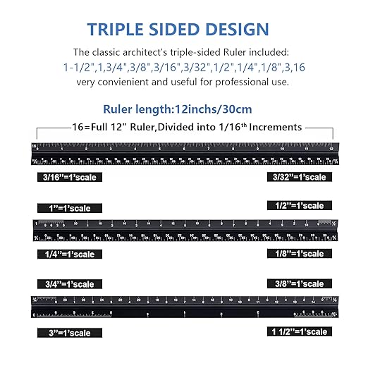 Architectural&Engineering Triangular Scale Ruler, 12 Inch Architectural Scale Ruler Set, Laser-Etched Aluminum with Stainless Steel Ruler for Architects, Students, Draftsman, Engineers (3 PCS)