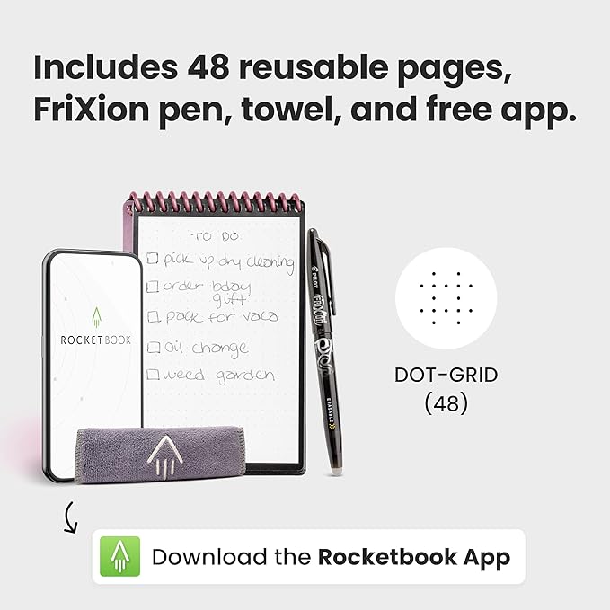 Rocketbook Mini Reusable Smart Notepad, Pocket Size Notebook 3.5x5.5, Pink - Dotted Pages, App-Connected, Erasable, Ideal for On-The-Go List Taking & Quick Notes Anywhere