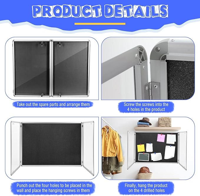 Enclosed Bulletin Board 48" x 36" Weather Resistant Lockable Notice Cork Display Board Wall Mounted 2 Locking Door for School Classroom Commercial Back to School, 12 x A4(Black, Silver Frame)