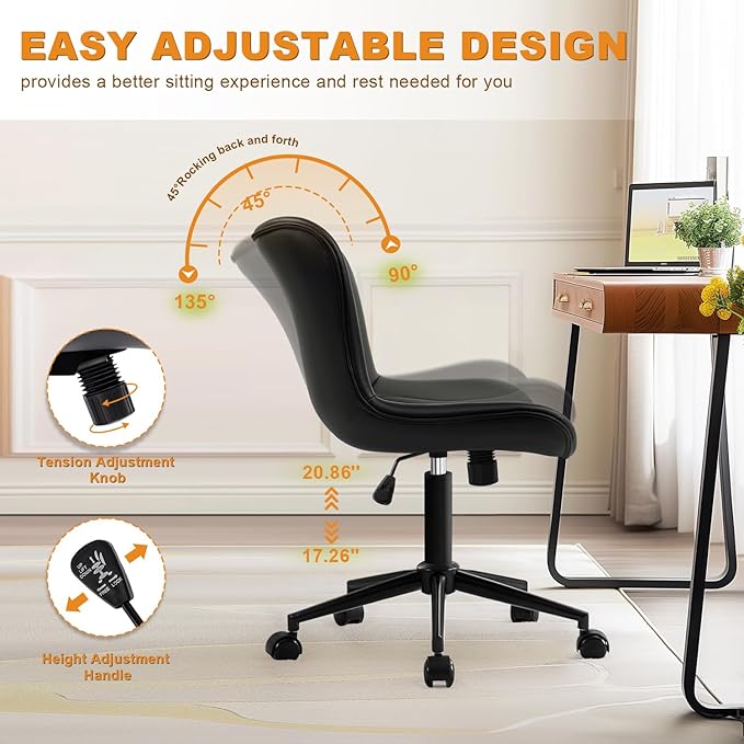 Office Chair, Armless Desk Chair with Wheels, Ergonomic Comfy Home Office Computer Task Chairs, Faux Leather Padded Cute Vanity Chair, Adjustable Height Swivel Chair with Back,Black