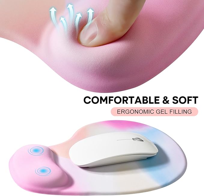 JIKIOU Mouse Pad, 2 Pack Ergonomic Mouse Pads with Comfortable Gel Wrist Rest Support and Lycra Cloth, Non-Slip PU Base for Easy Typing Pain Relief Durable and Easy to Clean Small Rainbow