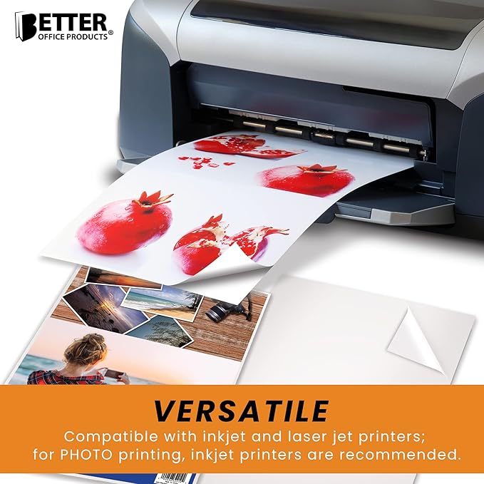 Better Office Products Self-Adhesive Photo Paper, Sticky Photo Paper, Glossy, 8.5 x 11 Inch, 100 Sheets, 135 gsm, Letter Size, 100 Count Pack