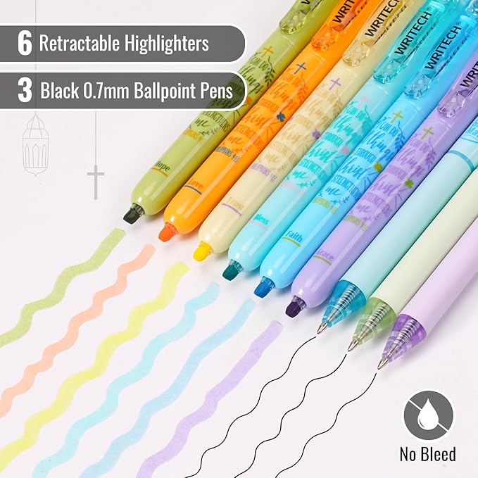 WRITECH Bible Mate Journaling Set: No Bleed Bible Highlighters & 0.7mm Black Ink Ballpoint Pens, Fast-Drying Ink, Pastel Colors Highlighter, Journaling Kit, 9ct