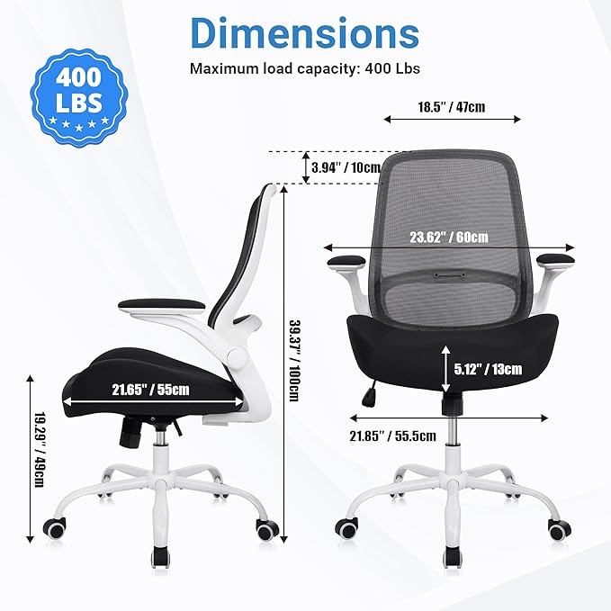 HYLONE Heavy Duty Office Chair, 5" Thickened Seat Ergonomic Desk Chair with Adjustable Armrests, Home Office Computer Chairs for Long Hours Mesh Executive Chair(White Base & Black)