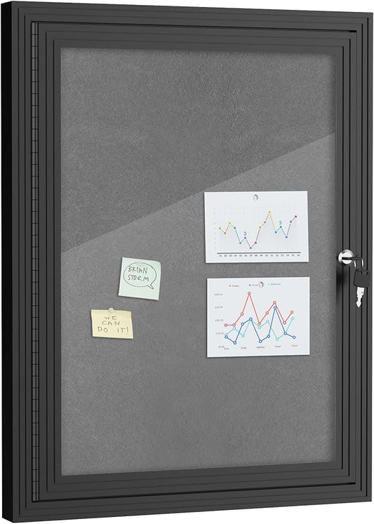 26"x20" Enclosed Bulletin Board, Outdoor Lockable Weather-Resistant Aluminum Cork Noticeboard for School & Office, Black Frame w/Grey Flet