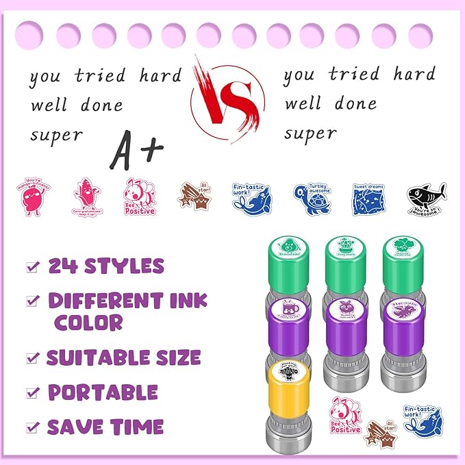 Yinder 24 Pcs Teacher Stamps for Classroom Self Inking Classroom Stamps Bulk for Teachers Elementary Colorful Motivational Encouraging Gifts(Lovely Animal)
