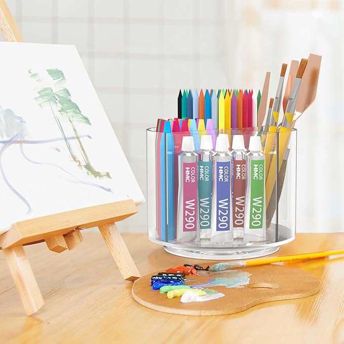 Absonic Pencil Holder for Kids, 360 Rotating Pen Holder for Desk Organizer and Storage, 4 Compartments Art Supply Marker Organizer, Pen Organizer Pencil Holder