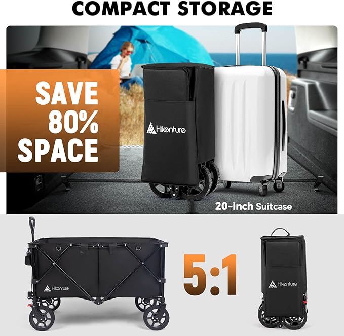 Hikenture Collapsible Wagon 330LBS Capacity, 200L Extra Large Wagons Carts Foldable, Heavy Duty Folding Wagon with All-Terrain Wheels, Utility Beach Wagon for Outdoor Garden