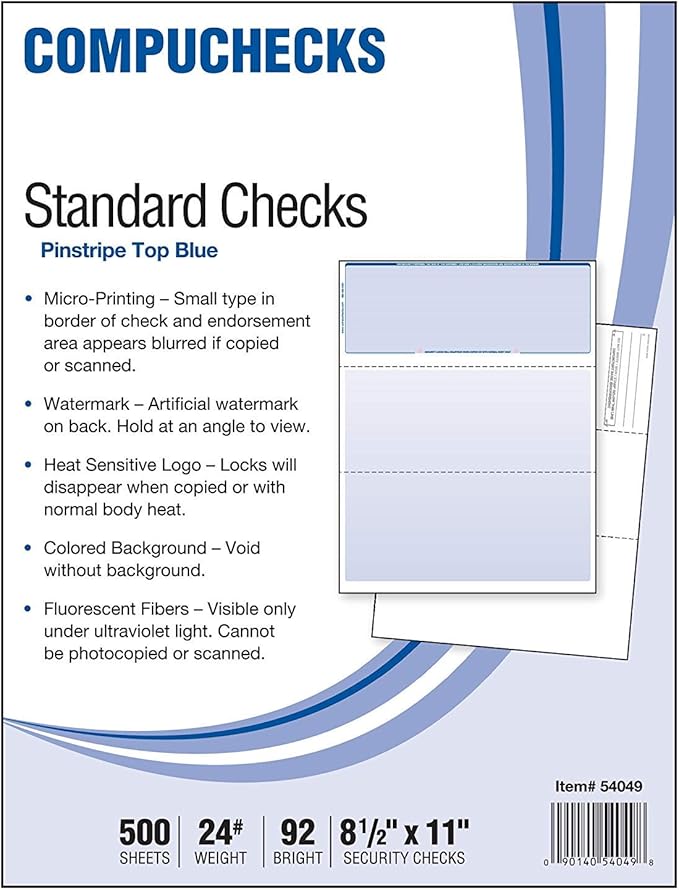 Business Voucher Check Stock - 500 Sheets, Check on Top, Blue Pinstripe