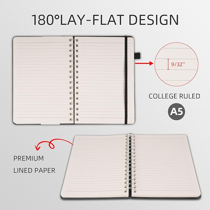 Lined Spiral Notebook Journal for Women Men 160 Pages A5 College Ruled Hardcover Leather with Pen Holder Notebook Journals for Note Taking Work Navy Blue