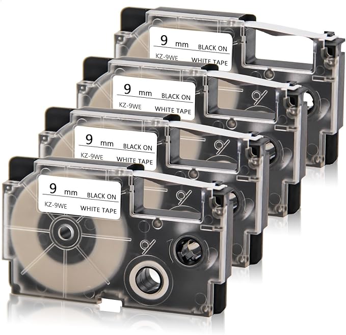 Absonic 4-Pack Compatible for Casio Label Maker Tape 9mm XR-9WE XR-9WE2S XR9WE2S 9mm Black on White Label It for KL-120 KL-60 KL-100 KL-750 KL750B KL-780 KL820 KL7000 KL7200 Label Maker, 3/8" x 26'