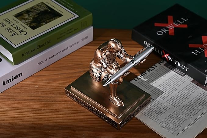 Knight Pen Holder Pen Stand Desk Organizers and Accessories Resin Pencil Holder as Gift with a Fancy Pen for Office and Home Desk Organizer (Bronze)