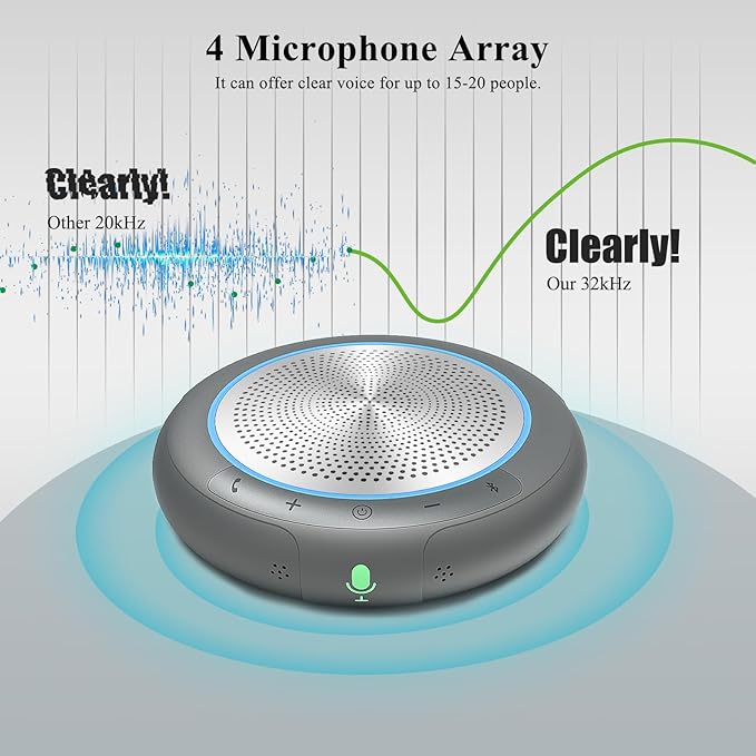 Conference Speaker with Microphone, Silver 360° Voice Pickup Portable Conference Microphone Noise Reduction Bluetooth 5.0 Speakerphone for Zoom, Webex, Home, Office, Online Calling
