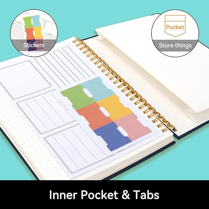 Alltree Spiral Dot Grid Notebook Journal, Dotted Paper Notebook for Work, Hardcoer Spiral Notebook with Pen Loop, Pocket, Stickers, 160 Pages, Journal for Women & Men, Navy Blue(6"x8.5")