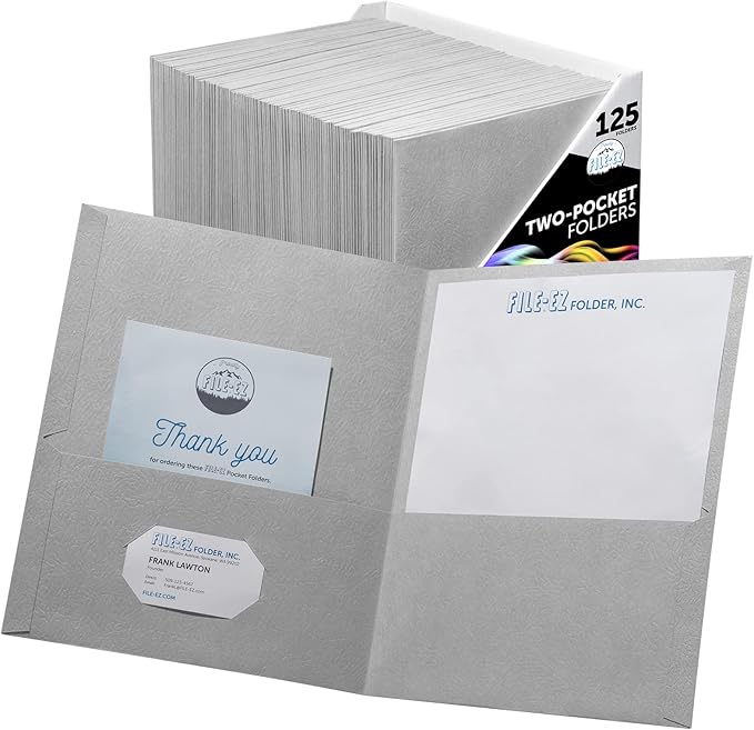 FILE-EZ Two-Pocket Folders, Gray, 125-Pack, Textured Paper, Letter Size (EZ-32430)