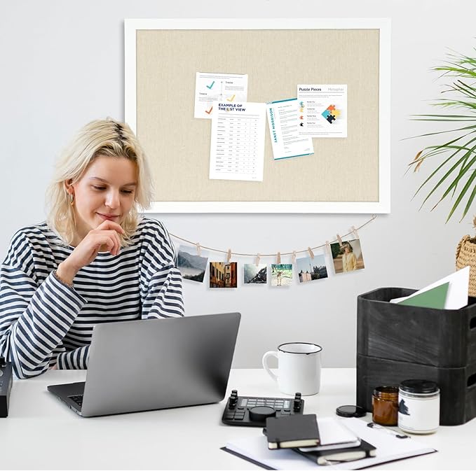 DOLLAR BOSS Cork Board Bulletin Board with Linen Double-Sided 30" x 20" Linen Corkboards for Walls Picture Display Vision Board for Office Home School Framed Picture Pin Board, 20 Pushpins 10 Clips