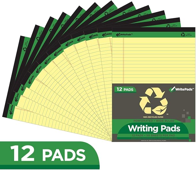 KAISA Legal Pads Writing Pads Recycled Paper, Wide Ruled 8.5"x11.75" Perforated 50 Sheets Notepads 8-1/2"x 11-3/4" Writed Pad, Canary 24Pads, KSU-5668
