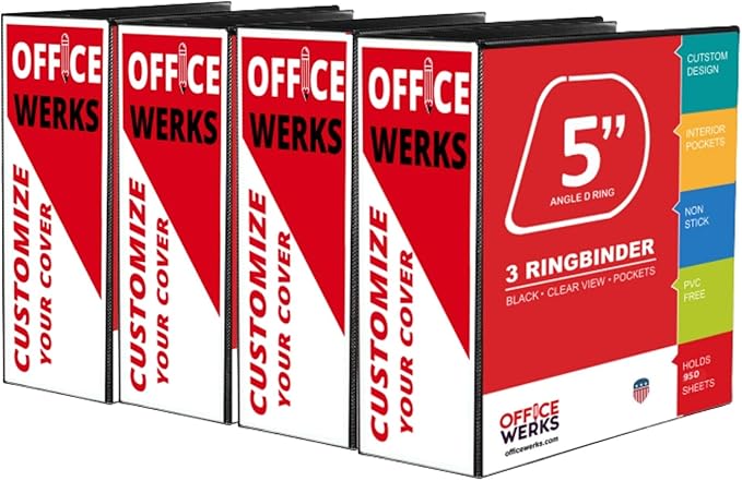 3 Ring Binder, Professional D Ring Binder 5 Inch, Presentation Folder for Standard Pages 8.5 x 11 with Pockets, Durable and Strong Black Binder (4 Pack)