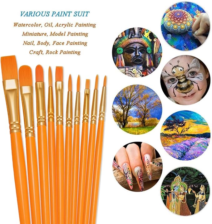 BOSOBO Paint Brushes Set, 2 Pack 20 Pcs Round Pointed Tip Paintbrushes Nylon Hair Artist Acrylic Paint Brushes for Acrylic Oil Watercolor, Face Nail Art, Miniature Detailing & Rock Painting, Orange