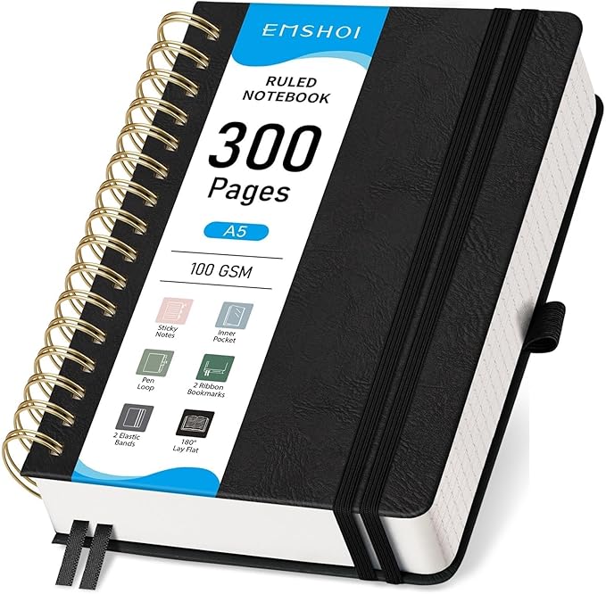 EMSHOI Spiral Notebook College Ruled, 300 Numbered Pages, A5 Small Hardcover Leather, 100 GSM Thick Lined Journal for Women Men Work Writing Journaling Note Taking, 5.7" x 8.22", Black