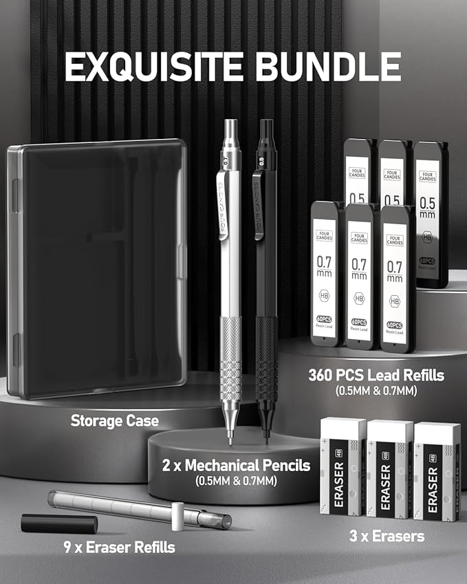 Four Candies 2PCS Metal Mechanical Pencils Set with Case, 0.5mm & 0.7 mm Artist Pencil with 6 Tubes (360PCS) HB Lead Refills, 3 Erasers,9 Eraser Refills For Writing Drafting, Drawing, Black&Silver