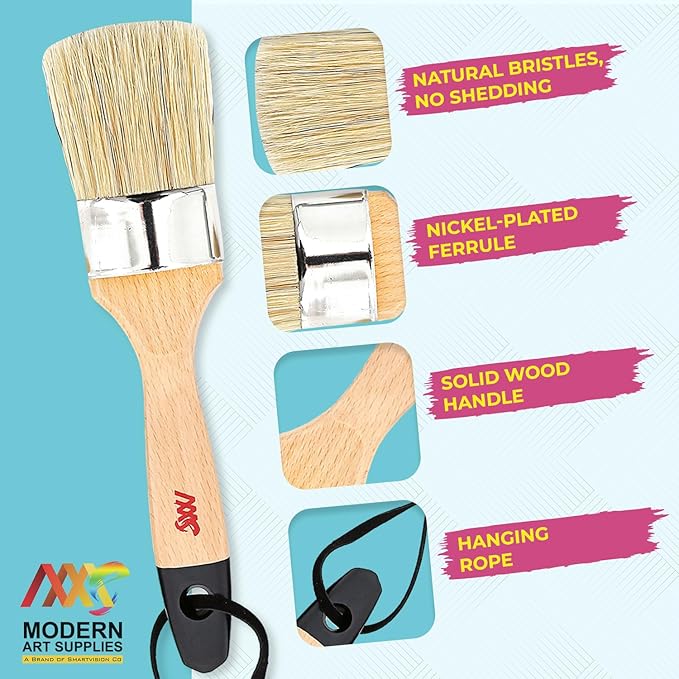 Chalk Wax Paint Brush 4PCs Set Including 3 Small for Furniture Painting and 1 Large Bristle Paint Brushes Set Compatible with Annie Sloan Paint, Fusion Mineral Paint