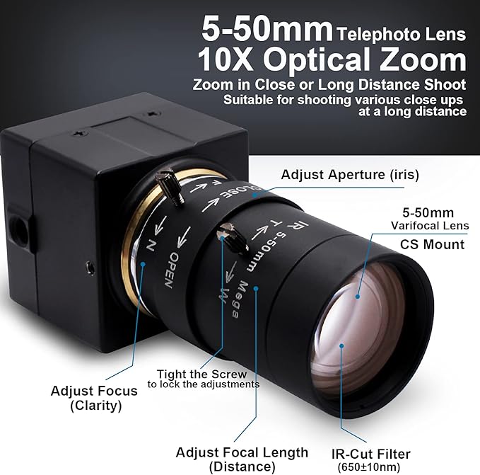 SVPRO 2MP USB Web Camera - 5-50mm 10X Optical Zoom Lens, CS Mount, 1080P HD CMOS, 100fps/60fps, UVC Mini Cam OTG, Drive Free PC Webcam