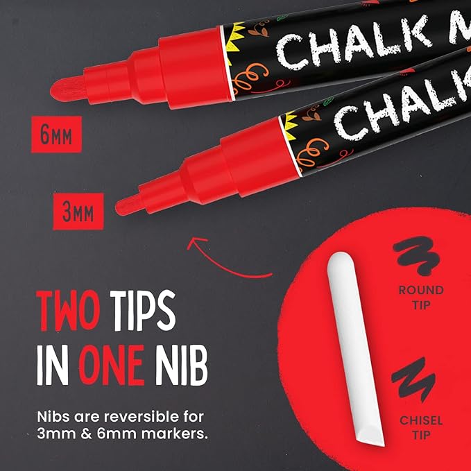 5 Red Chalkboard Chalk Markers - Red Dry Erase Markers for Blackboard, Chalkboard Signs, Windows, Glass | Variety Pack - Fine & Jumbo Size Ink Pen (1mm, 3mm, 6mm, 10mm, 15mm)