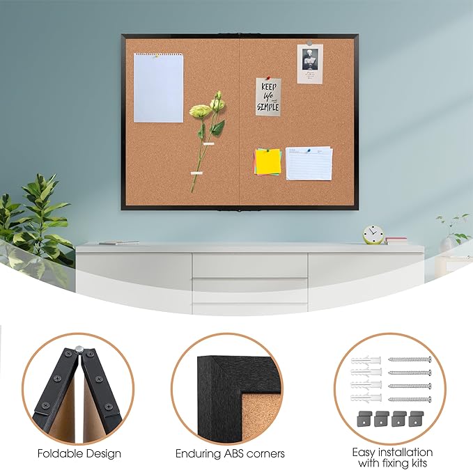 Board2by Cork Board Bulletin Board 36 x 48, Black Wood Framed 4x3 Corkboard, Foldable Office Board for Wall Decor, Large Wall Mounted Notice Pin Board with 36 Push Pins for School, Home & Office