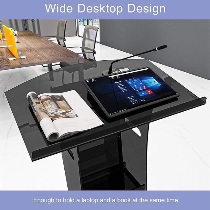 Acrylic Podium Stand with Storage Shelf,Black Lecterns & Podiums,Pulpits for Churches,Conference,Speeches,Weddings,Classroom,Concert,43" H Professional Presentation Podiums