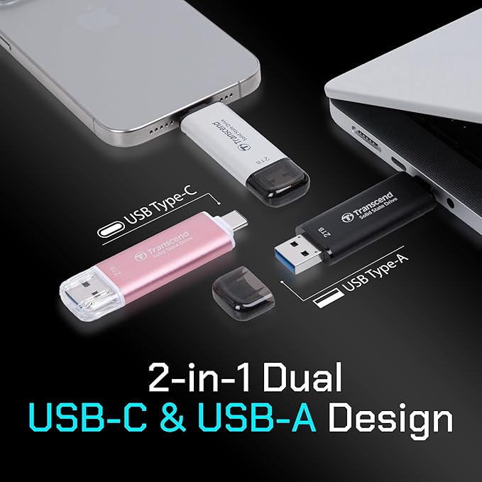 Transcend 128GB External SSD, Up to 1,050MB/s, Dual USB Flash Drive for iPhone&iPad&Mac, Windows&Android, Tablet&PC, Smart TV, USB 3.2 Gen 2 Thumb Drive Photo Stick, 2-in-1 Type C &Type A Memory Stick