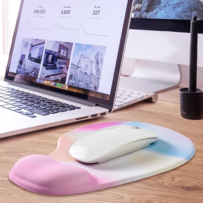 JIKIOU Mouse Pad, 2 Pack Ergonomic Mouse Pads with Comfortable Gel Wrist Rest Support and Lycra Cloth, Non-Slip PU Base for Easy Typing Pain Relief Durable and Easy to Clean Small Rainbow