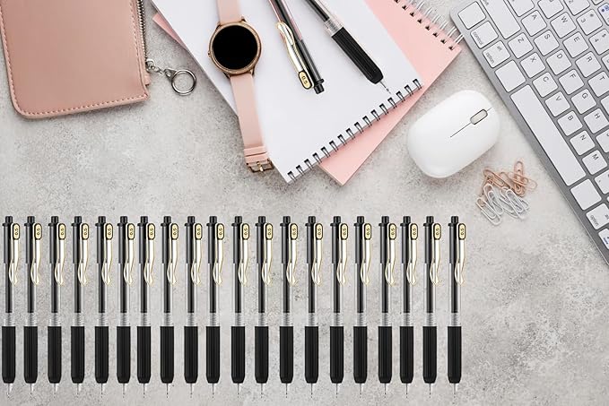 Aozora 20 Pack Black Gel Pens Fine Point Smooth Writing Pens Retractable Black Ink Pen with Soft Grip 0.5mm Quick Dry Office School Supplies Gold Clip