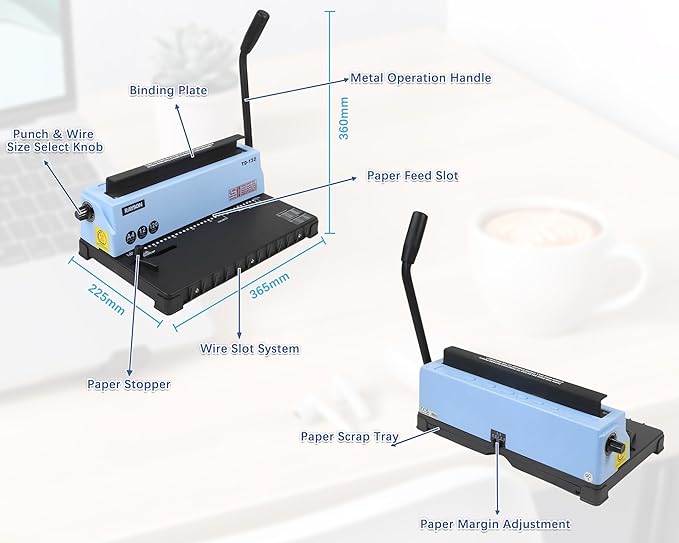 Rayson TD-132 Wire Binding Machine, 32-Hole Spiral Coil Binder, 3:1 Pitch, Punches 12 Sheets, Binds up to 120 Sheets, Sturdy Metal Construction