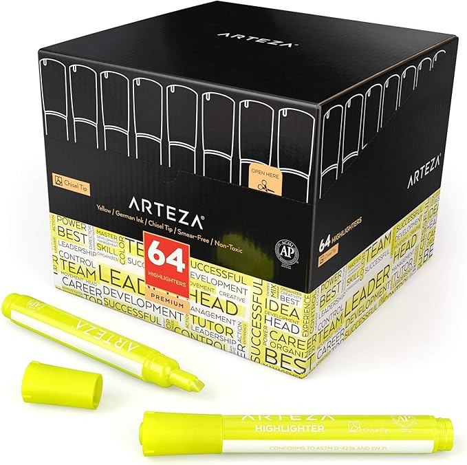 ARTEZA Yellow Highlighters in Bulk, Pack of 64, Chisel Tip Markers