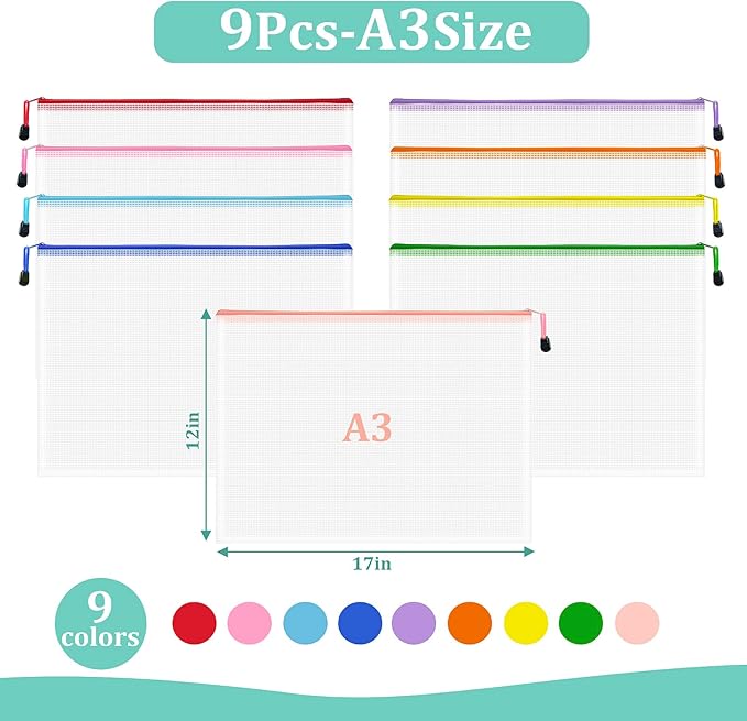 9pcs Mesh Zipper Pouch Bags, A3 Sizes Zipper Pouch, Mesh Bags With Zipper, Plastic Zipper Pouches, 9 Colors Zipper Pouches for Organizing, Board Game Storage, Travel, School Office organize
