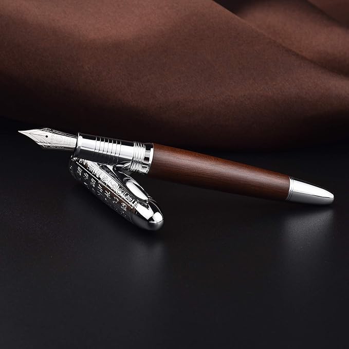 Hongdian 6016 Natural Wood Fountain Pen, Iridium Medium Nib Writing Pen with Metal Pen Case