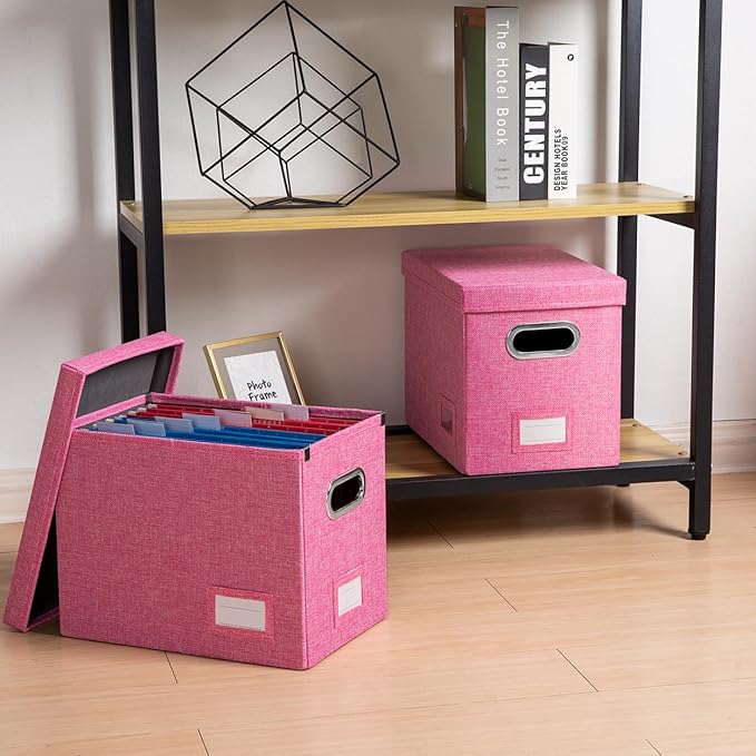 PRANDOM File Organizer Box - Set of 2 Collapsible Decorative Linen Filing Storage Hanging File Folders with Lids Office Cabinet Letter Size Pink (14x9.3x10.8 inch)