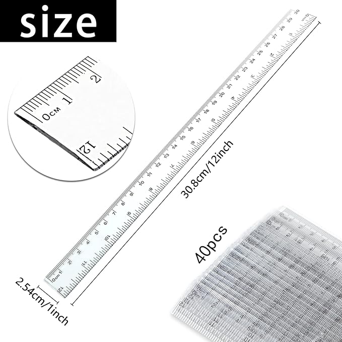 Koogel 40 PCS Plastic Straight Rulers, Plastic Measuring Tool, 12 Inch Shatterproof Clear Ruler Bulk for Classroom with Centimeters and Inches for Student, Kids, School, Office, Home