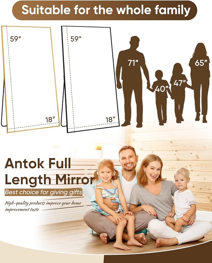 Antok Full Length Mirror, 59"x18" Floor Mirror, Floor Standing Freestanding Full Body Mirror with Stand for Bedroom, Hanging Mounted for Living Room Cloakroom, Gold
