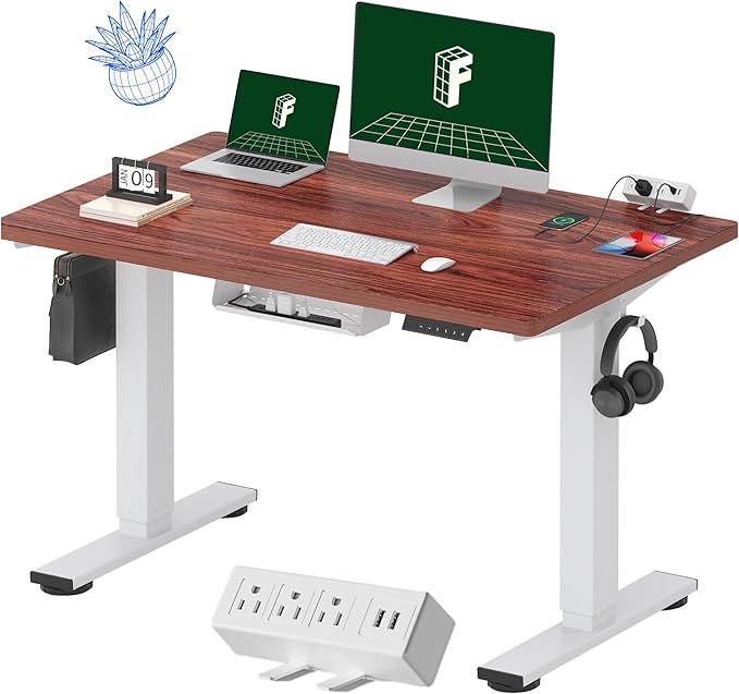 FLEXISPOT EN2 Whole-Piece Standing Desk with Clamp Power Strip, 48 x 30 Electric Stand Up Height Adjustable Desk with Cable Management (White Frame + 48" Mahogany Top, 2 Packages)